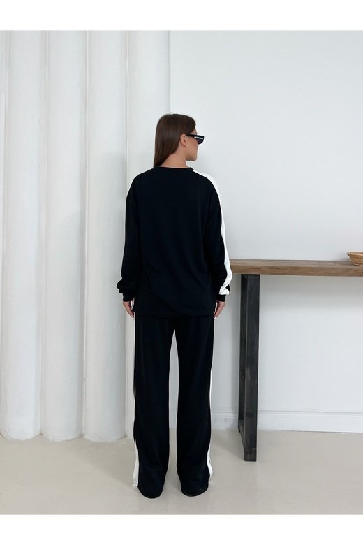 Geniş Şerit Detaylı Oversize Geniş Paça Modal Kumaş Eşofman Takım