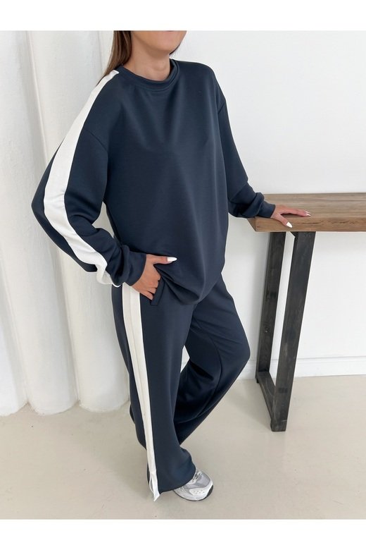Geniş Şerit Detaylı Oversize Geniş Paça Modal Kumaş Eşofman Takım