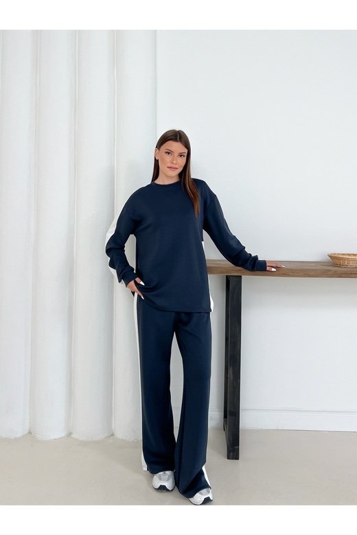 Geniş Şerit Detaylı Oversize Geniş Paça Modal Kumaş Eşofman Takım