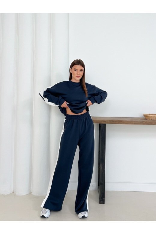 Geniş Şerit Detaylı Oversize Geniş Paça Modal Kumaş Eşofman Takım