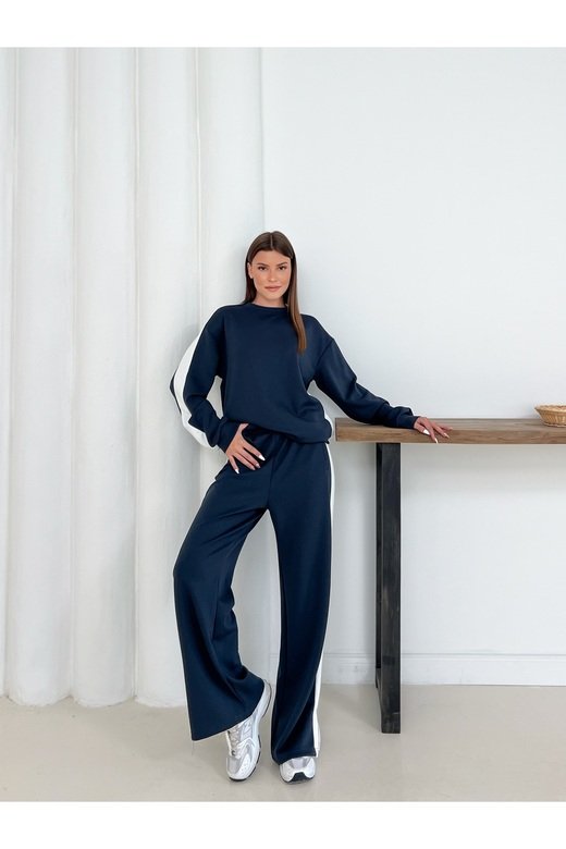 Geniş Şerit Detaylı Oversize Geniş Paça Modal Kumaş Eşofman Takım