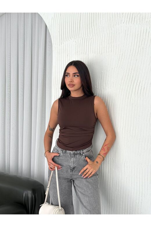 Büzgülü Drapeli Kolsuz Modal Kumaş Bluz