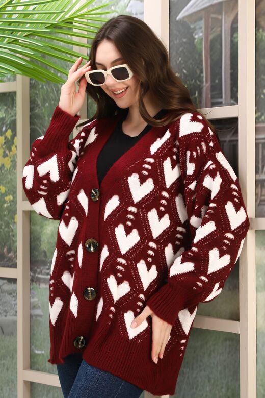 Oversize Yumuşak Kalp Desenli Örme Detaylı Düğmeli Triko Hırka