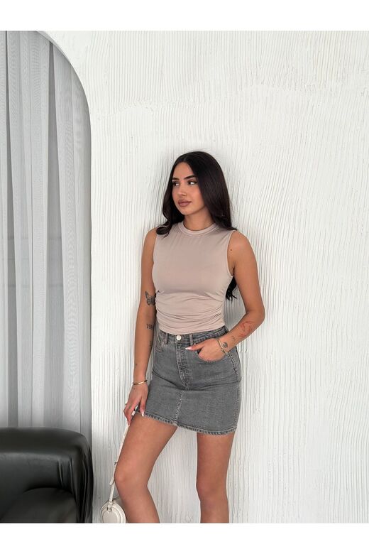 Büzgülü Drapeli Kolsuz Modal Kumaş Bluz