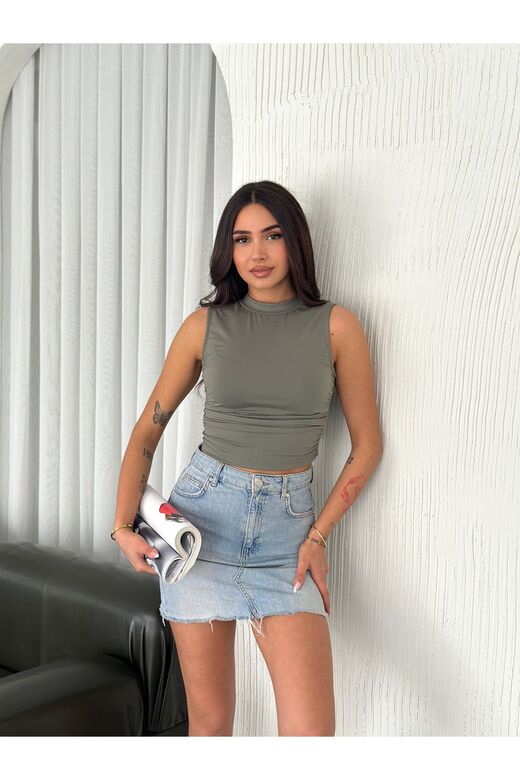 Büzgülü Drapeli Kolsuz Modal Kumaş Bluz