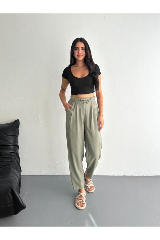 Yumuşak Doku Beli Bağcıklı Düğmeli Modal Kumaş Pantolon