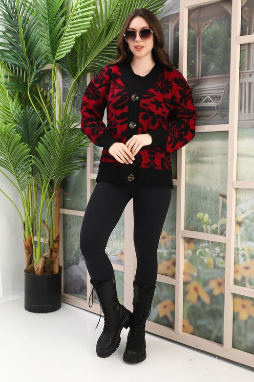 Oversize Yumuşak Çiçek Desen Örme Detaylı Düğmeli Triko Hırka