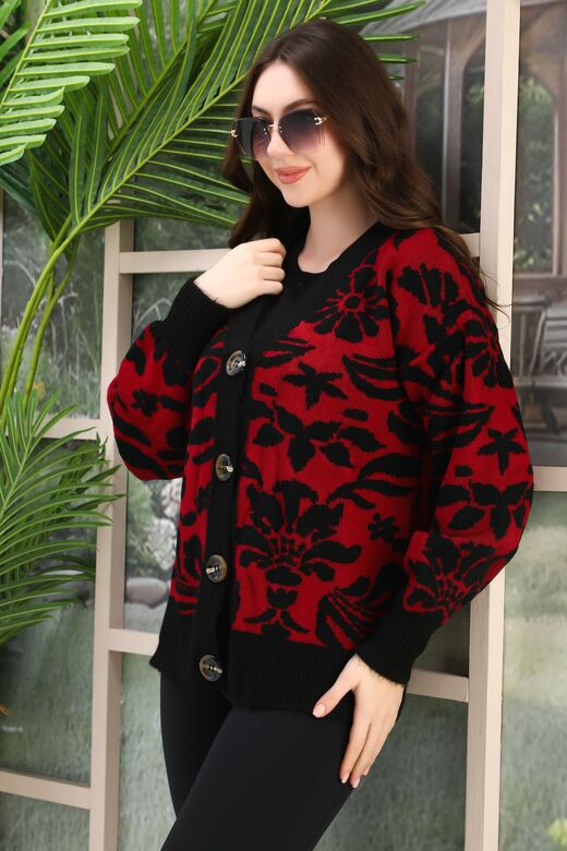 Oversize Yumuşak Çiçek Desen Örme Detaylı Düğmeli Triko Hırka