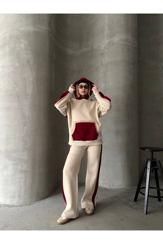 Oversize Kapüşonlu Garnili 3 İplik Şardonlu Geniş Paça Eşofman Takım