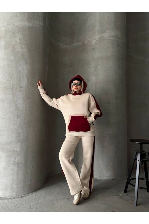 Oversize Kapüşonlu Garnili 3 İplik Şardonlu Geniş Paça Eşofman Takım