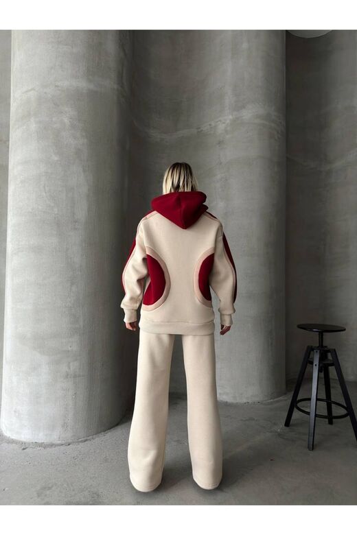 Oversize Kapüşonlu Garnili 3 İplik Şardonlu Geniş Paça Eşofman Takım