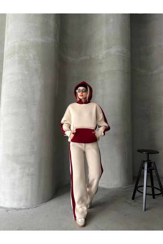 Oversize Kapüşonlu Garnili 3 İplik Şardonlu Geniş Paça Eşofman Takım