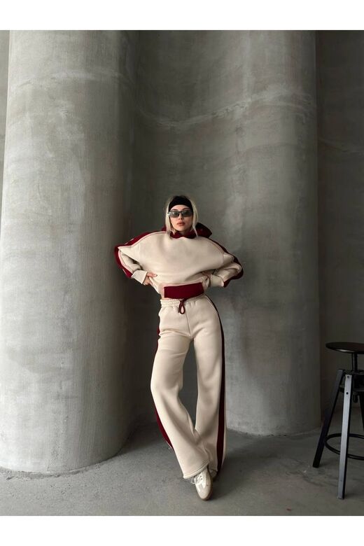 Oversize Kapüşonlu Garnili 3 İplik Şardonlu Geniş Paça Eşofman Takım