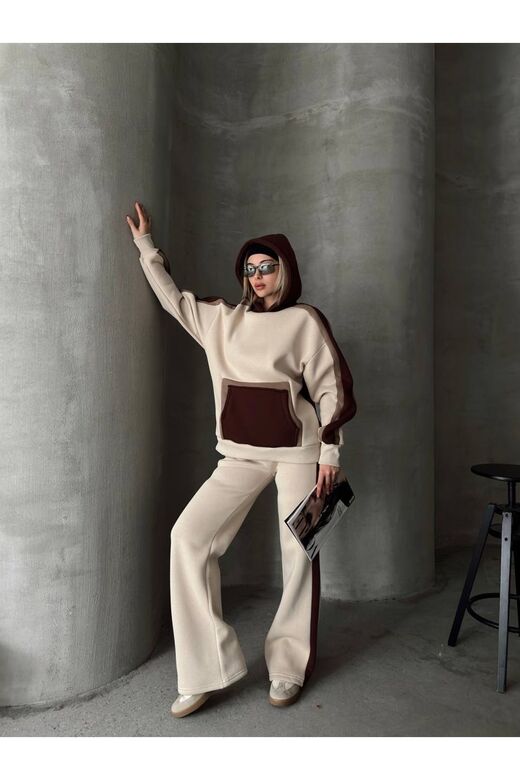 Oversize Kapüşonlu Garnili 3 İplik Şardonlu Geniş Paça Eşofman Takım