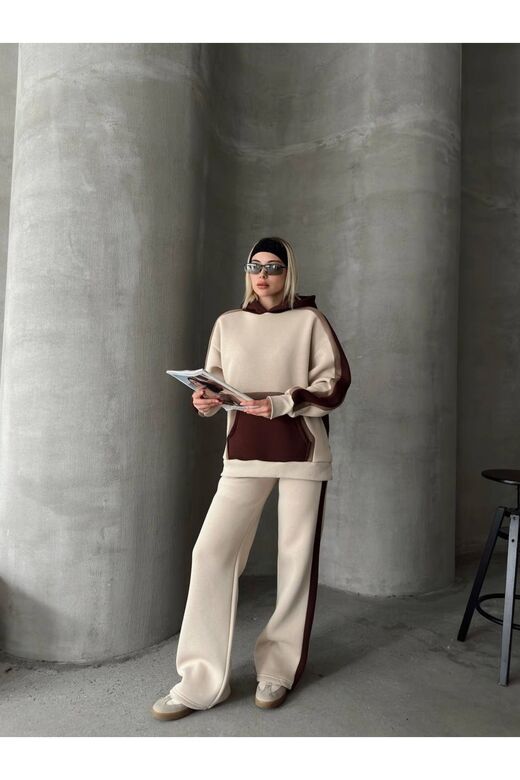 Oversize Kapüşonlu Garnili 3 İplik Şardonlu Geniş Paça Eşofman Takım