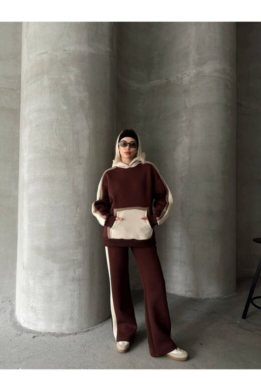 Oversize Kapüşonlu Garnili 3 İplik Şardonlu Geniş Paça Eşofman Takım