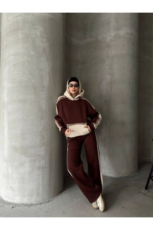 Oversize Kapüşonlu Garnili 3 İplik Şardonlu Geniş Paça Eşofman Takım