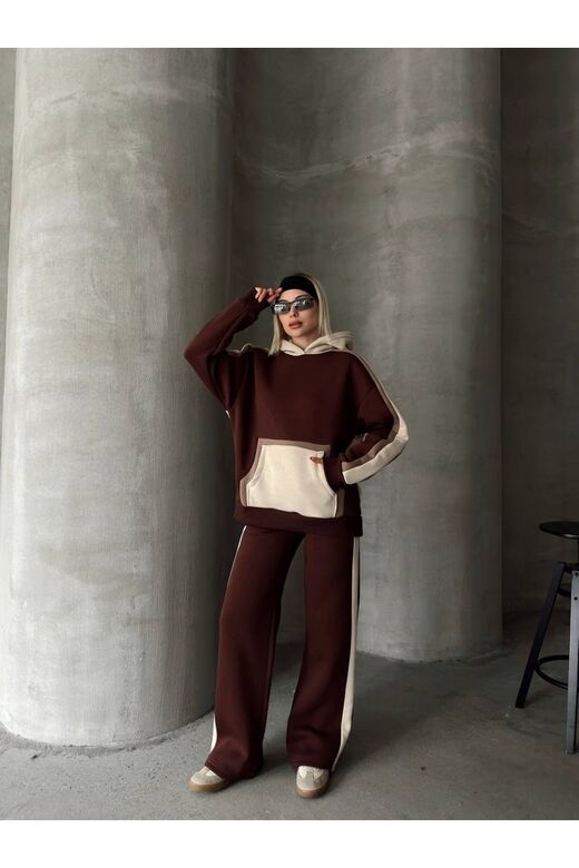 Oversize Kapüşonlu Garnili 3 İplik Şardonlu Geniş Paça Eşofman Takım