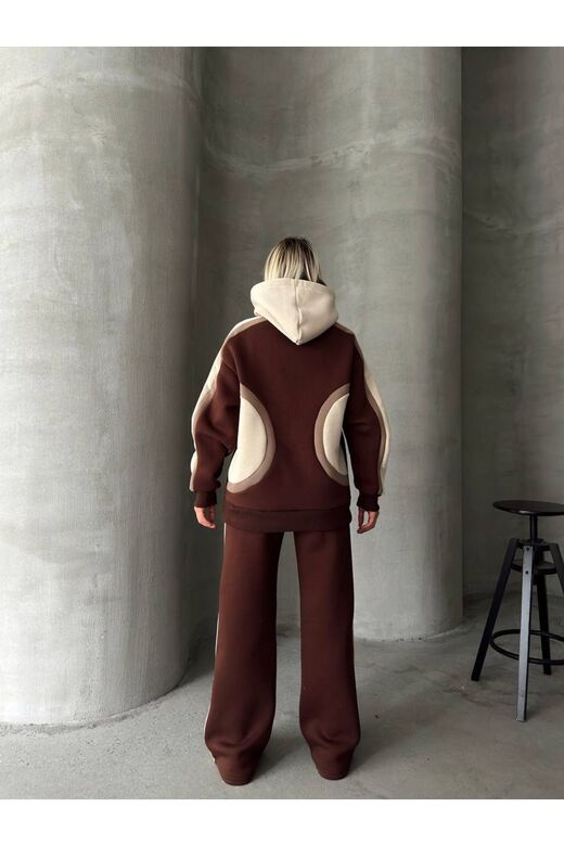 Oversize Kapüşonlu Garnili 3 İplik Şardonlu Geniş Paça Eşofman Takım