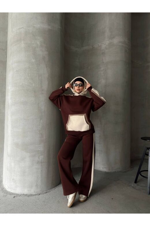 Oversize Kapüşonlu Garnili 3 İplik Şardonlu Geniş Paça Eşofman Takım