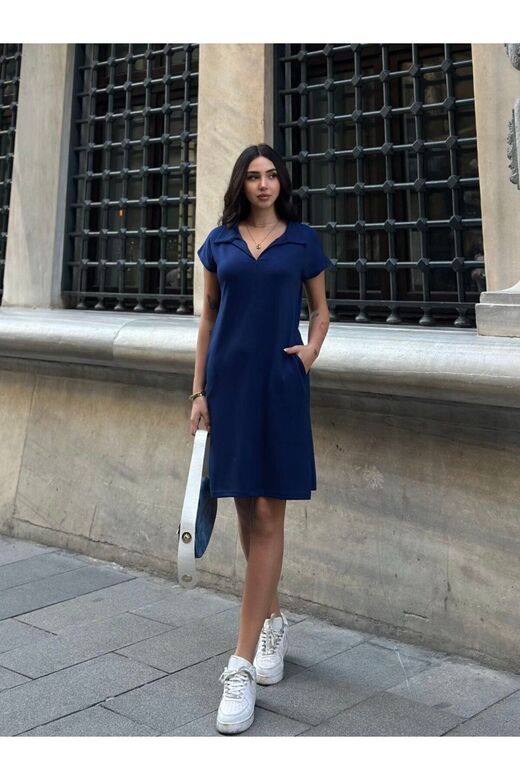 Polo Yaka Cepli Önü Çımalı Sax Mavi Elbise