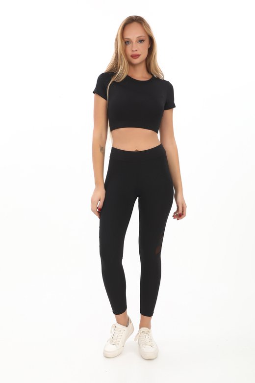 SLİMFİT  BİSİKLET YAKA  CROP  BODY VE TÜLÜ TAYT COMBİN TAKIM