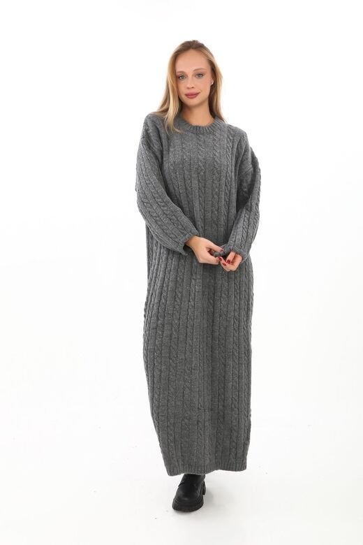 Oversize Salaş Saç Örgülü Yumuşak Triko Elbise