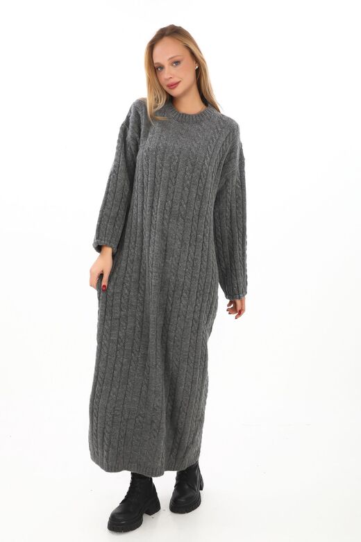 Oversize Salaş Saç Örgülü Yumuşak Triko Elbise