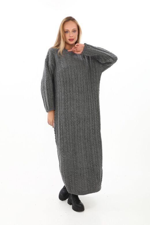 Oversize Salaş Saç Örgülü Yumuşak Triko Elbise