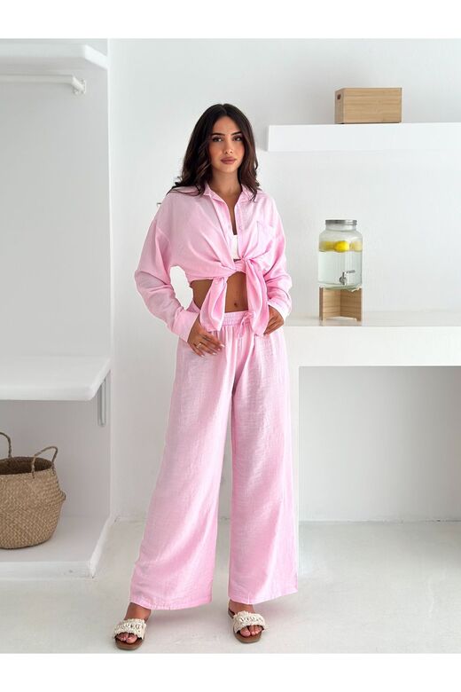 Beli Lastikli Geniş Paça Çilek Kumaş Gömlekli Takım