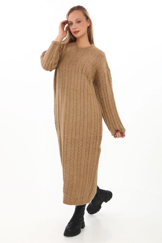 Oversize Salaş Saç Örgülü Yumuşak Triko Elbise