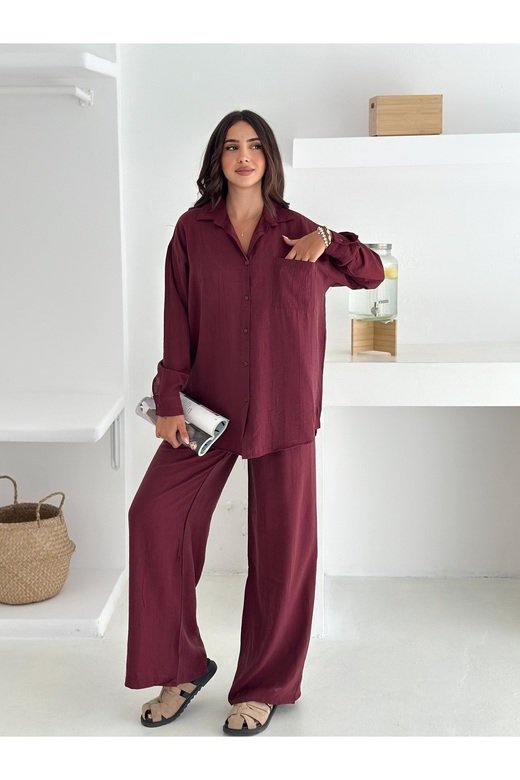 Beli Lastikli Geniş Paça Çilek Kumaş Gömlekli Takım