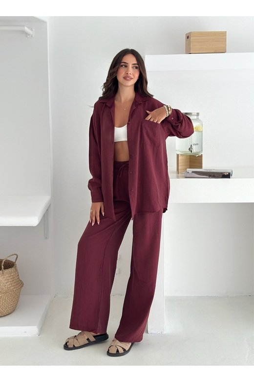 Beli Lastikli Geniş Paça Çilek Kumaş Gömlekli Takım