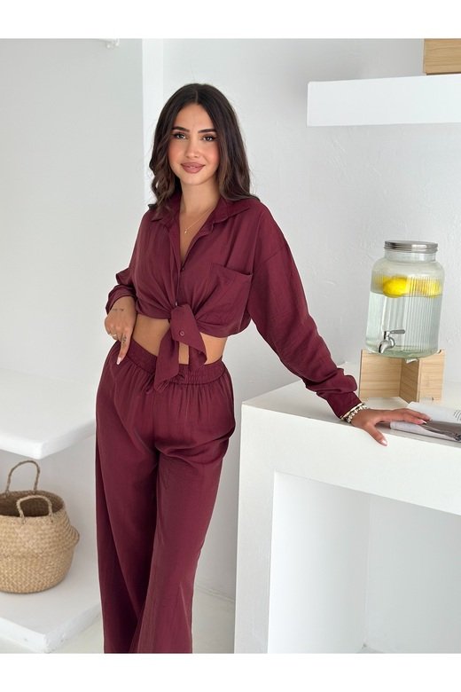 Beli Lastikli Geniş Paça Çilek Kumaş Gömlekli Takım