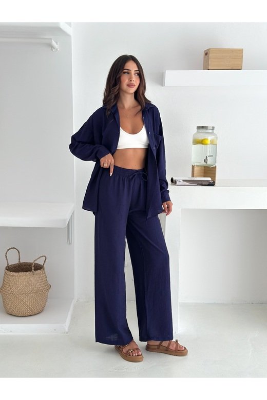 Beli Lastikli Geniş Paça Çilek Kumaş Gömlekli Takım