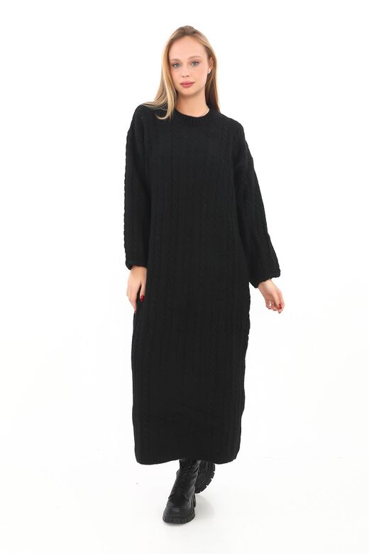 Oversize Salaş Saç Örgülü Yumuşak Triko Elbise