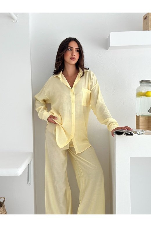 Beli Lastikli Geniş Paça Çilek Kumaş Gömlekli Takım