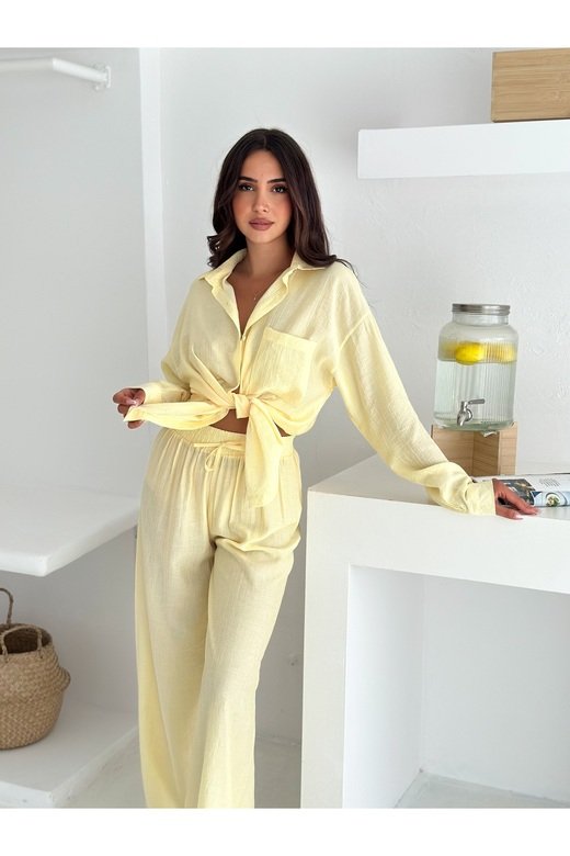 Beli Lastikli Geniş Paça Çilek Kumaş Gömlekli Takım