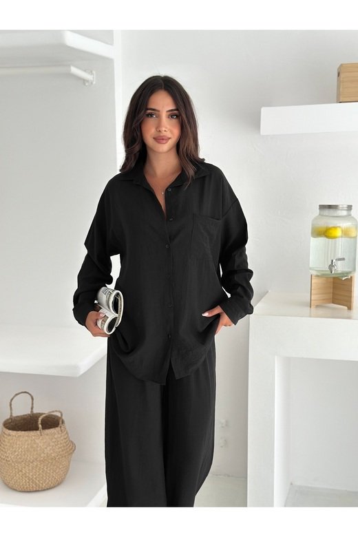 Beli Lastikli Geniş Paça Çilek Kumaş Gömlekli Takım