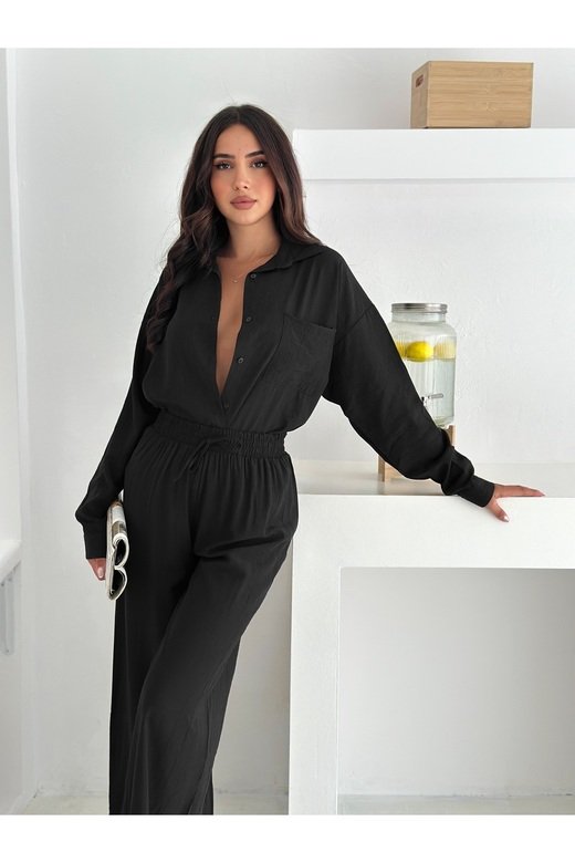 Beli Lastikli Geniş Paça Çilek Kumaş Gömlekli Takım