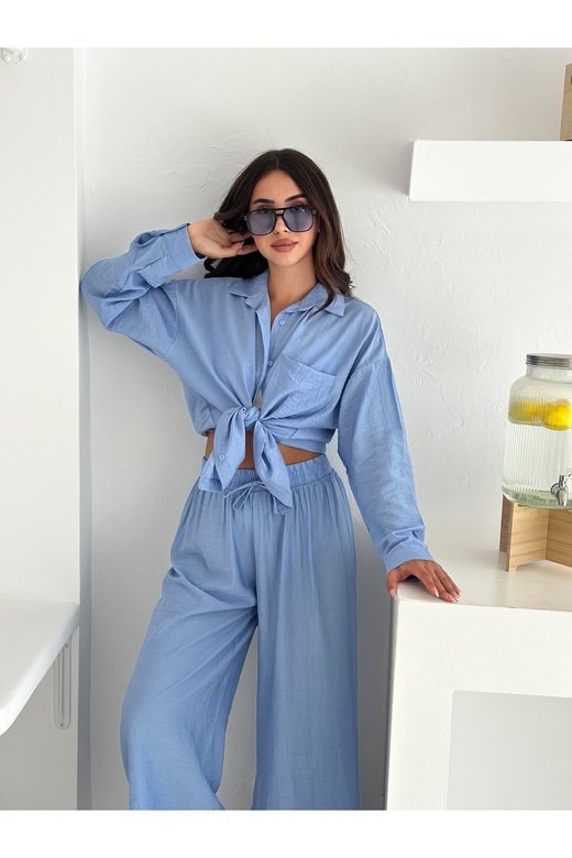 Beli Lastikli Geniş Paça Çilek Kumaş Gömlekli Takım