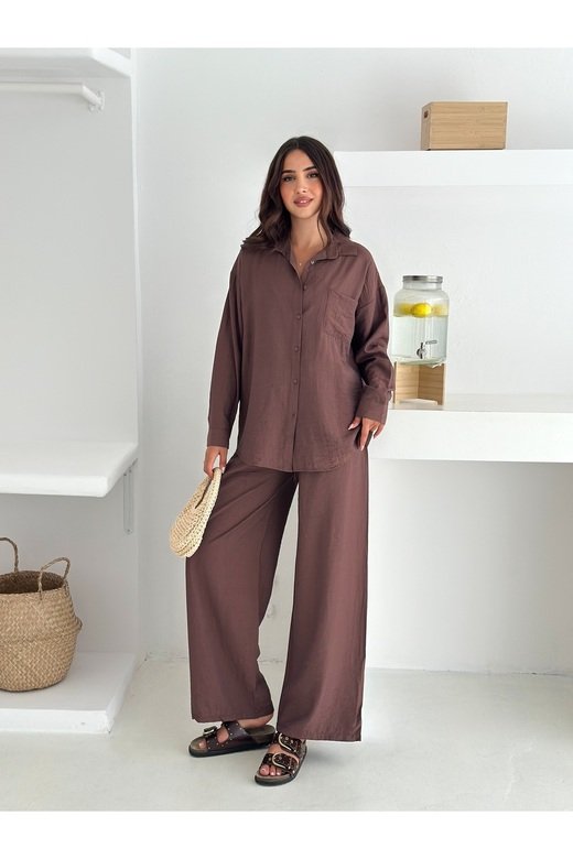 Beli Lastikli Geniş Paça Çilek Kumaş Gömlekli Takım
