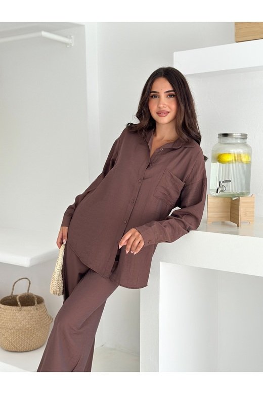 Beli Lastikli Geniş Paça Çilek Kumaş Gömlekli Takım