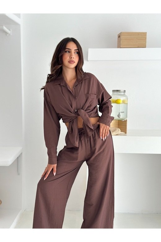 Beli Lastikli Geniş Paça Çilek Kumaş Gömlekli Takım