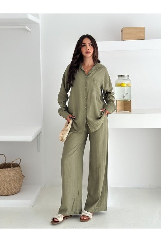 Beli Lastikli Geniş Paça Çilek Kumaş Gömlekli Takım