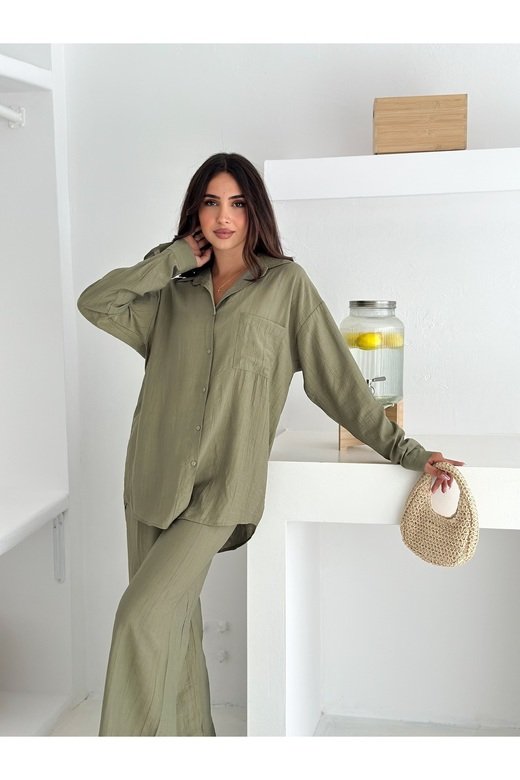 Beli Lastikli Geniş Paça Çilek Kumaş Gömlekli Takım