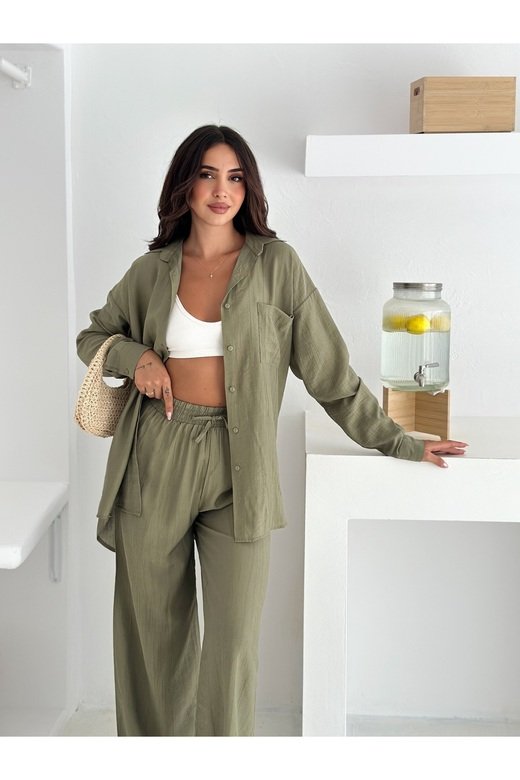 Beli Lastikli Geniş Paça Çilek Kumaş Gömlekli Takım