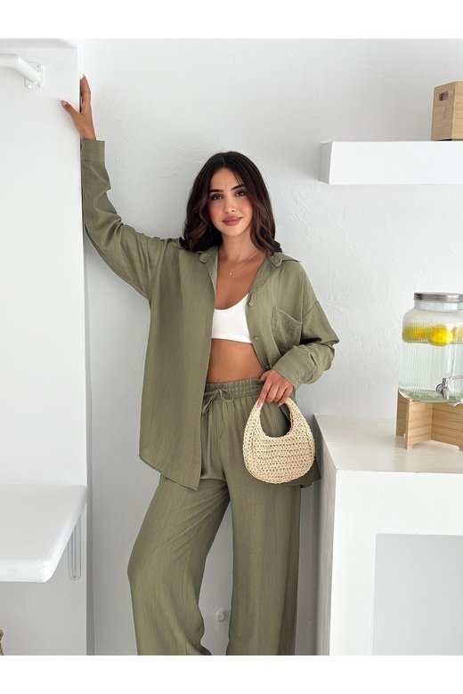 Beli Lastikli Geniş Paça Çilek Kumaş Gömlekli Takım