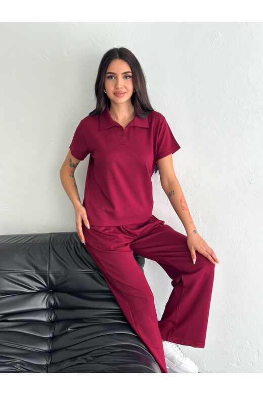 Polo Yaka Geniş Paça Modal Kumaş Kısa Kollu Eşofman Takım