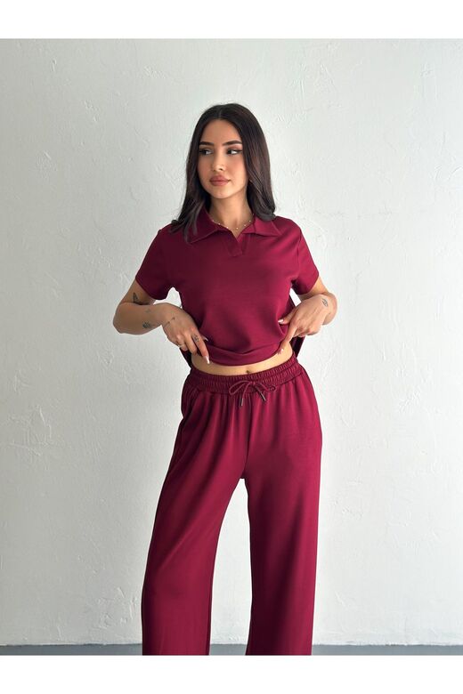 Polo Yaka Geniş Paça Modal Kumaş Kısa Kollu Eşofman Takım